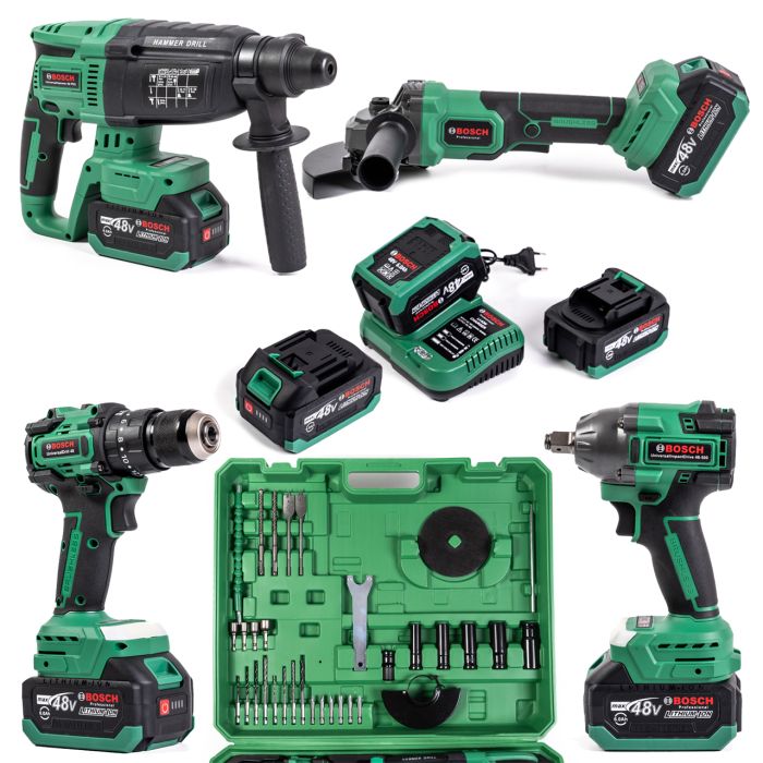 Безщітковий акумуляторний набір Bosch 4в1 (Гайковерт + Шуруповерт + Перфоратор + УШМ) Набір Бош з 3 АКБ по 48V та насадки