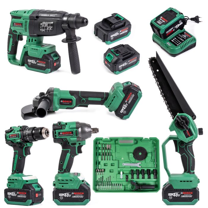 Безщітковий акумуляторний набір Bosch 5в1 (Шуруповерт, Гайковерт, Перфоратор, Пила 20см, УШМ) Бош з 3 АКБ (48V) в кейсі