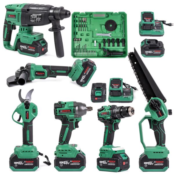 Бесщеточный аккумуляторный набор Bosch 6в1 (Гайковерт, Шуруповерт, Перфоратор, Секатор, Пила, УШМ) Бош 4 АКБ(48V) и насадки