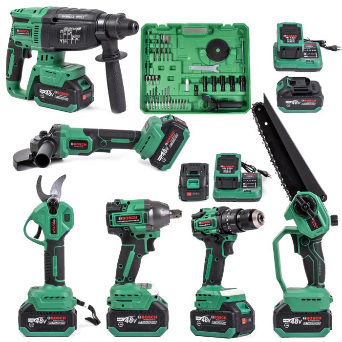 Безщітковий акумуляторний набір Bosch 6в1 (Гайковерт, Шуруповерт, Перфоратор, Секатор, Пила, УШМ) Бош 4 АКБ(48V) та насадки