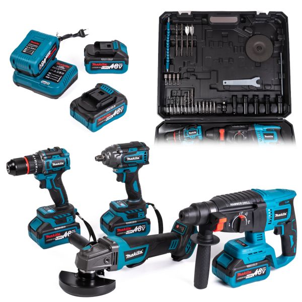 АКБ набор Makita 4в1 (Шуруповерт, Перфоратор, УШМ, Гайковерт) Бесщеточный строительный набор Макита с тремя АКБ 48V