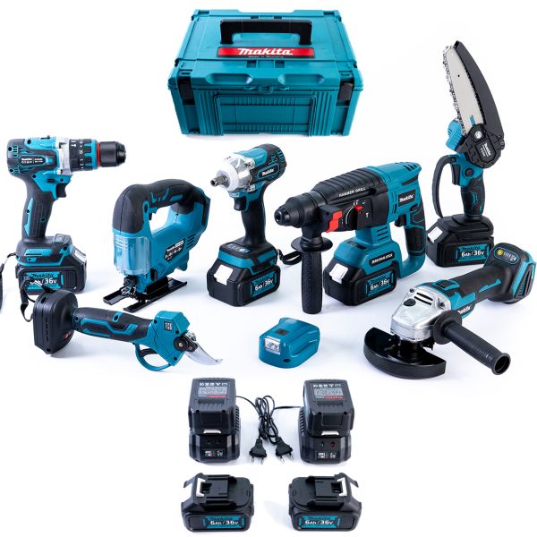 Акумуляторний набір Makita 8в1 36V (Шуруповерт, Ушм, Гайковерт, Перфоратор, Лобзик, Пила, Секатор, Повербанк) 4АКБ