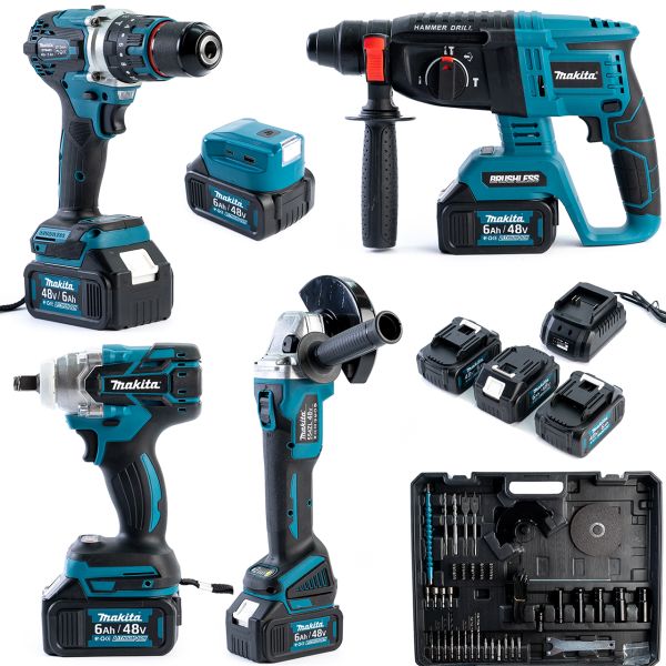 Набір 5в1 Makita 48V — 3 шт АКБ (Шуруповерт Болгарка, Гайковерт, Перфоратор, Ліхтар) Набір АКБ Макіта