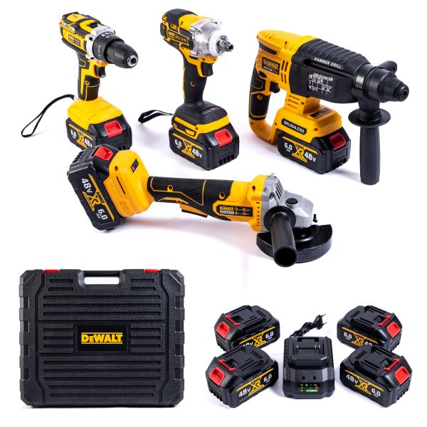 Акумуляторний набір DeWalt 4в1 48 V (4 АКБ + Шурупокрут + Перфоратор + Болгарка + Гайковерт) АКБ набір Девольт