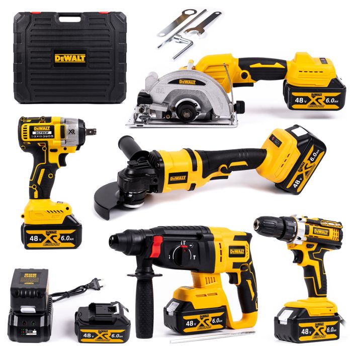 Набор аккумуляторный DeWalt 5в1 48V (Шуруповерт + Гайковерт + Перфоратор + УШМ + Циркулярка) Бесщеточный АКБ набор Деволт 5в1
