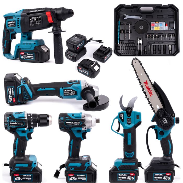 Аккумуляторный набор 6в1 Makita 48V (Шуруповерт, Гайковерт, Секатор, Перфоратор, Мини-пила, Болгарка) Комплект Макита с 3 АКБ