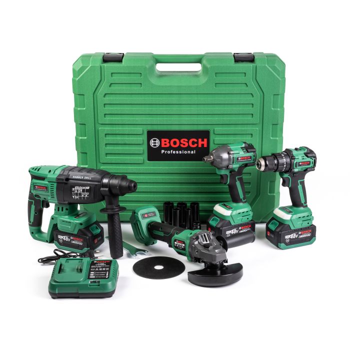 Безщітковий акумуляторний набір Bosch 4в1 (Гайковерт + Шуруповерт + Перфоратор + УШМ) Набір Бош з 3 АКБ по 48V та насадки