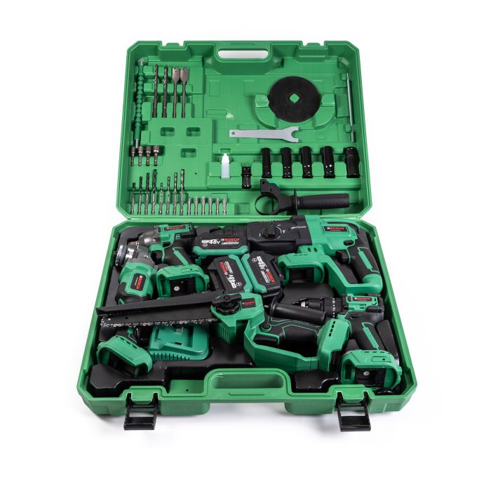 Безщітковий акумуляторний набір Bosch 5в1 (Шуруповерт, Гайковерт, Перфоратор, Пила 20см, УШМ) Бош з 3 АКБ (48V) в кейсі