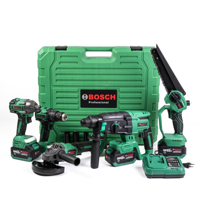 Безщітковий акумуляторний набір Bosch 5в1 (Шуруповерт, Гайковерт, Перфоратор, Пила 20см, УШМ) Бош з 3 АКБ (48V) в кейсі