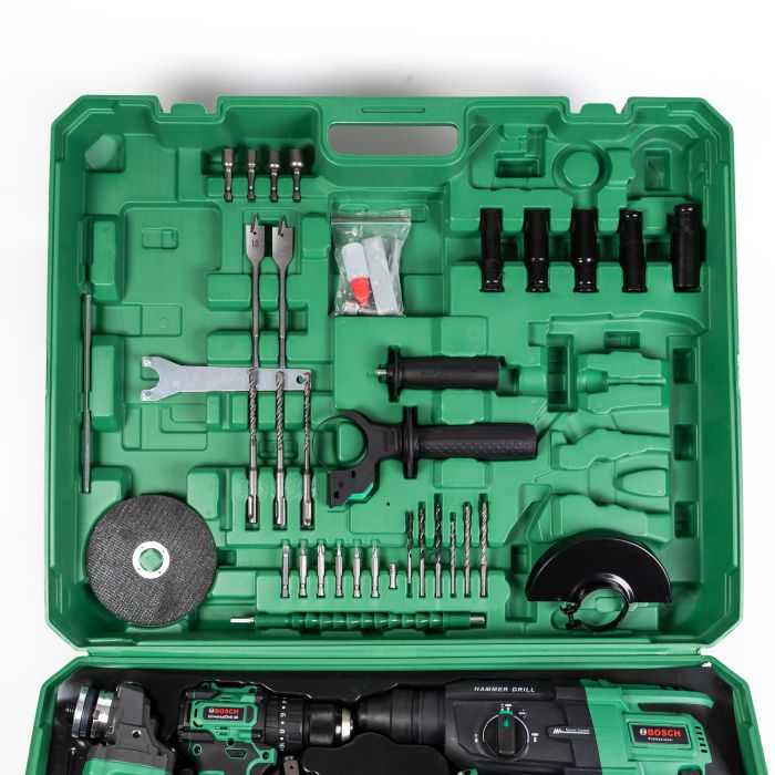 Безщітковий акумуляторний набір Bosch 6в1 (Гайковерт, Шуруповерт, Перфоратор, Секатор, Пила, УШМ) Бош 4 АКБ(48V) та насадки