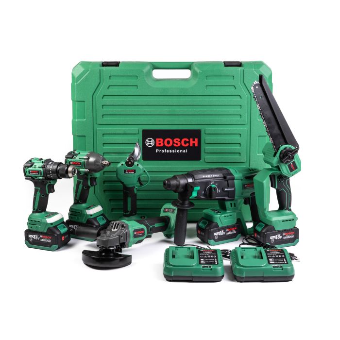 Безщітковий акумуляторний набір Bosch 6в1 (Гайковерт, Шуруповерт, Перфоратор, Секатор, Пила, УШМ) Бош 4 АКБ(48V) та насадки
