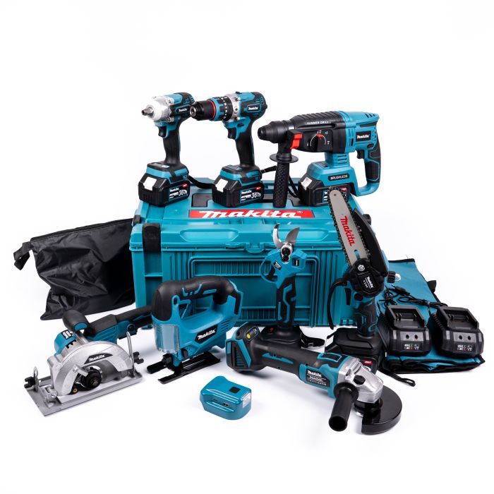 АКБ набор Makita 9в1 36V (Шуруповерт, Гайковерт,Секатор, Мини-пила, Перфоратор,УШМ, Лобзик,Циркулярка, Повербанк) в кейсе