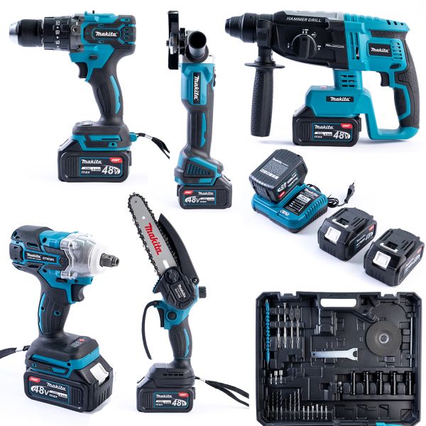 Набір 5в1 Makita 48V — 3 шт АКБ (Шуруповерт, Болгарка, Гайковерт, Перфоратор, Мініпила) Набір АКБ Макіта